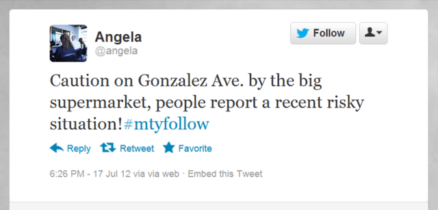 Twitter message [edited] alerting citizens of drug-related violence.